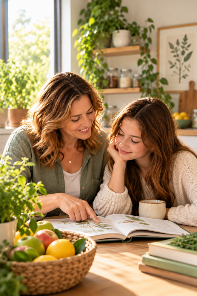 Mother and daughter reading a botanical book together at a kitchen table