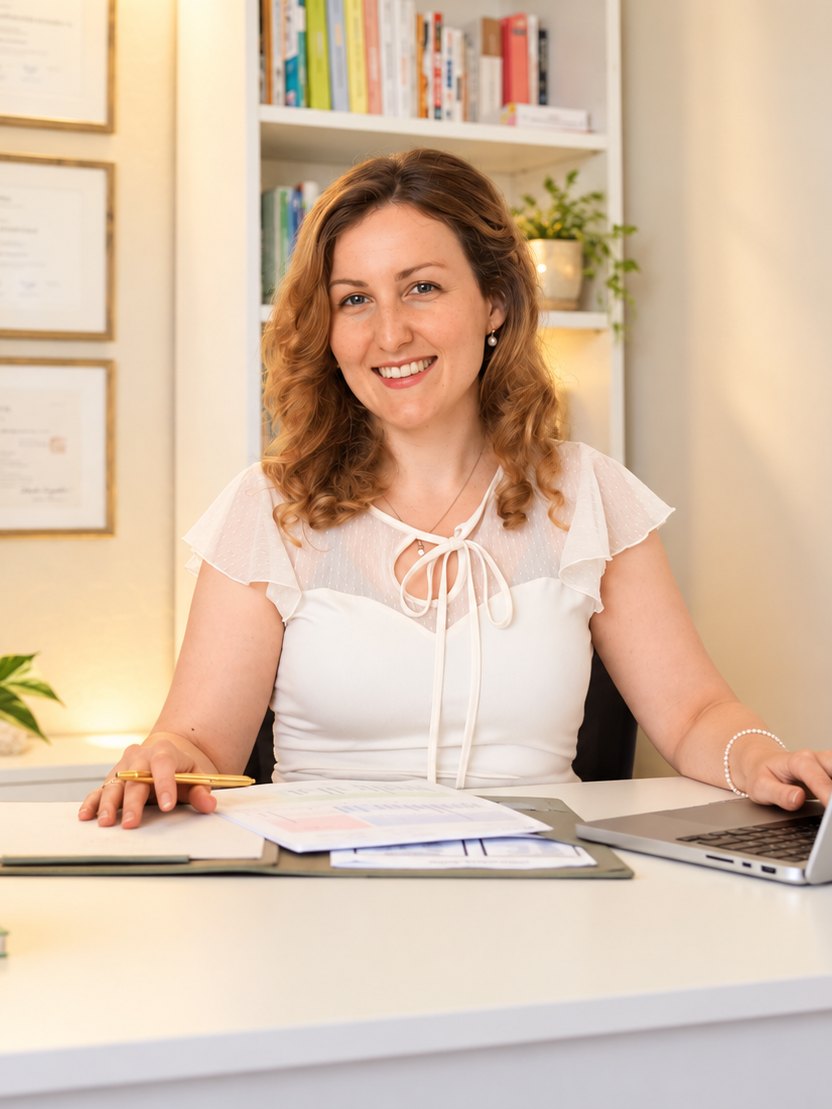Clémentine Coutantic at her desk with her laptop and notes, ready for a Healing Wisdom consultation