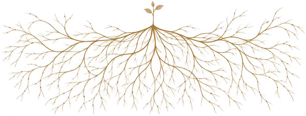 Golden botanical root system with a small sprout, symbolizing interconnected health foundations