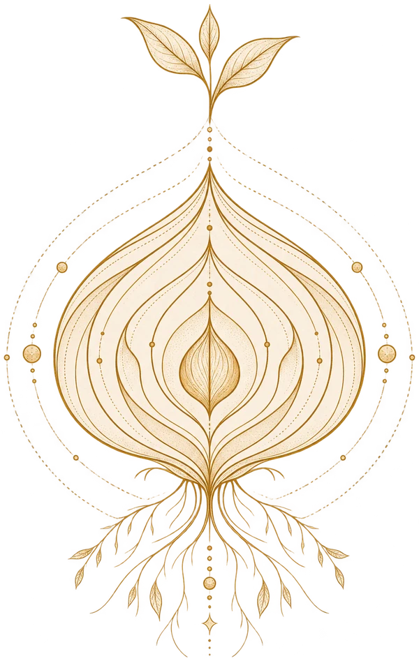 Botanical onion illustration with layered gold contours, a sprout and roots
