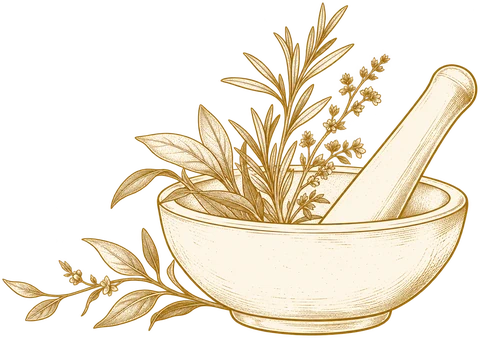 Golden mortar and pestle with fresh herbs