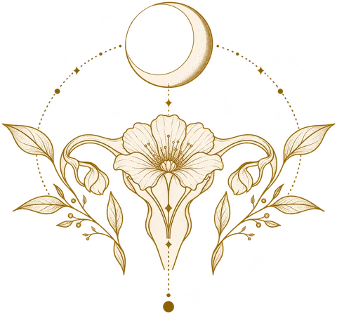 Golden lunar and floral botanical emblem