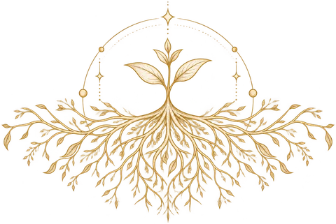 Golden sprout with branching roots beneath a celestial arch