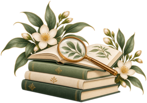 Botanical books with magnifying glass