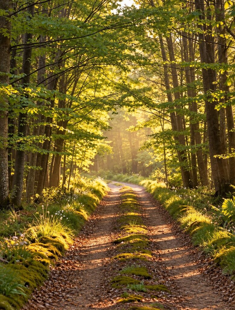Sunlit forest path leading through green woodland