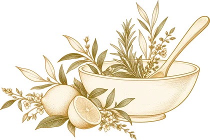 Gold engraving of a mixing bowl with fresh herbs, lemons and a wooden spoon