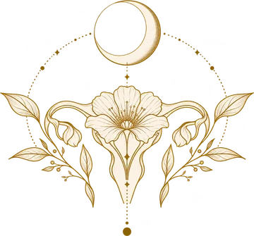 Gold engraving of a crescent moon above a flowering uterus framed by leaves